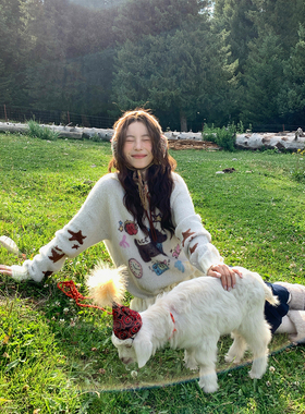 钟一诺 毛衣女秋冬可爱甜美小狗提花慵懒风宽松系带拼接针织衫