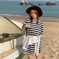 Real shot real price Han Xia Yuanqi girl's versatile striped T-shirt skirt with shawl and belt