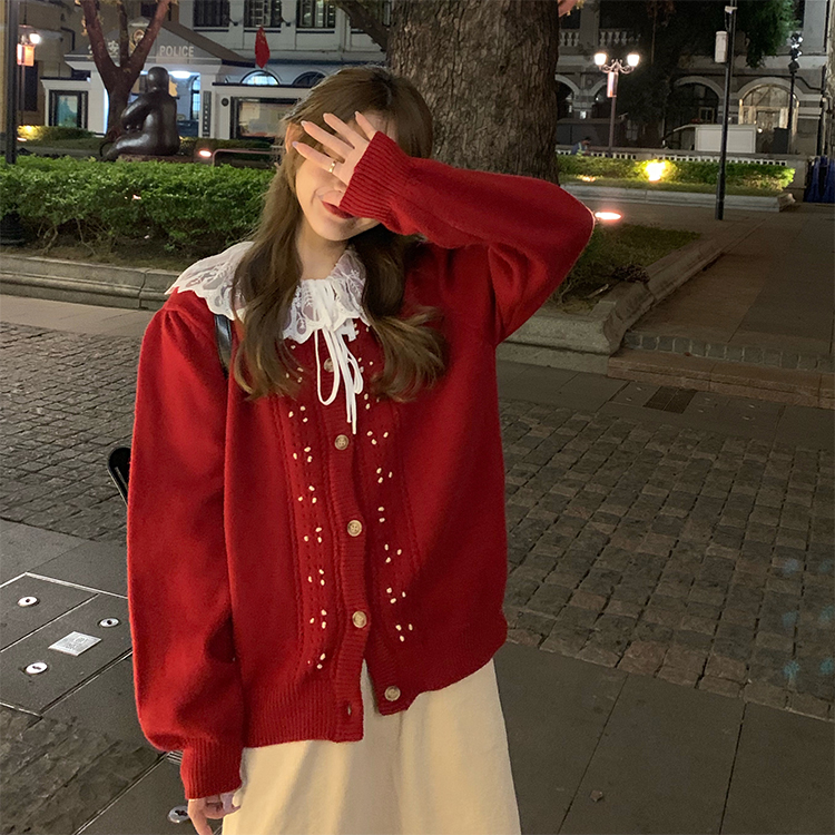 Real price spring Korean New Year Crochet sweater cardigan + Lace base + Corduroy Skirt