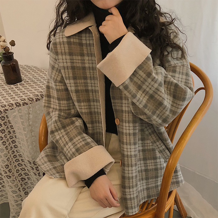 Korean chic simple and loose Plaid breasted coat