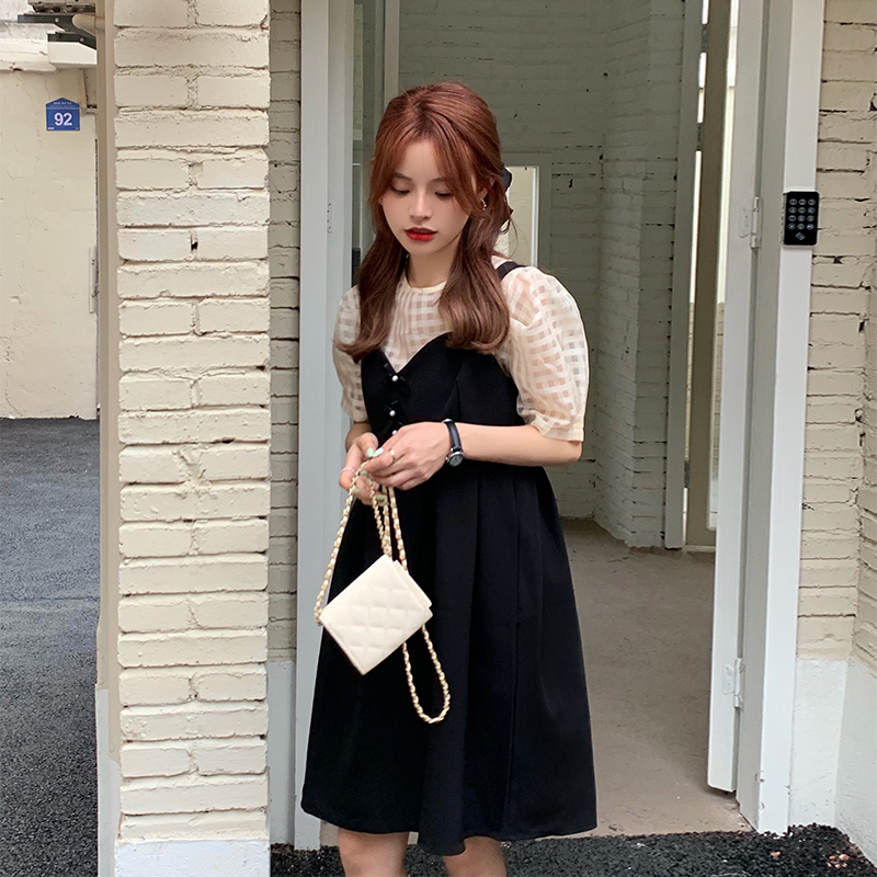 Real shot real price Han Xia Yuanqi girl bow dress + mesh top