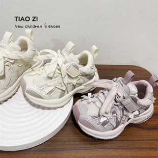 2026年春款可爱小蝴蝶结女童老爹鞋6-12岁儿童透气运动鞋舒适跑鞋