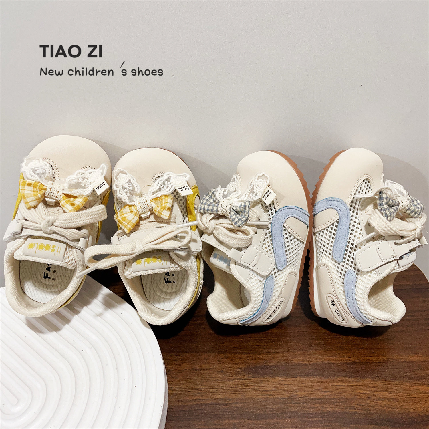 2026年夏款可爱格子蝴蝶结女宝宝单网休闲鞋小童软底户外学步鞋潮