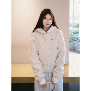 韩系复古白色羊羔毛棉衣外套女2026冬季加厚保暖连帽羊羔绒棉服潮