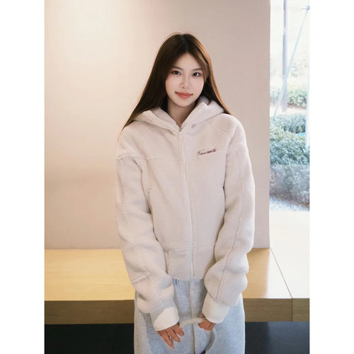 韩系复古白色加厚羊羔毛棉服女