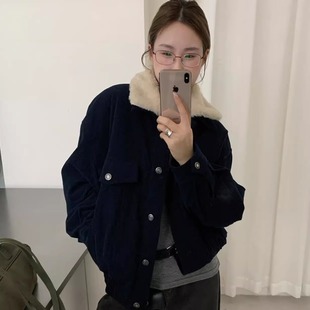 美式 加厚保暖宽松百搭棉服 复古灯芯绒羊羔毛领棉衣外套女2025冬季