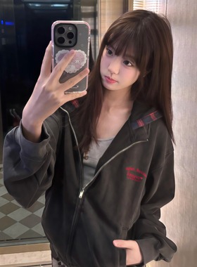 2025秋季新款美式复古街头连帽卫衣外套女宽松拉链开衫夹克上衣潮