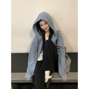 秋季巨好看雾霾蓝连帽卫衣外套女2026宽松休闲通勤百搭开衫上衣潮