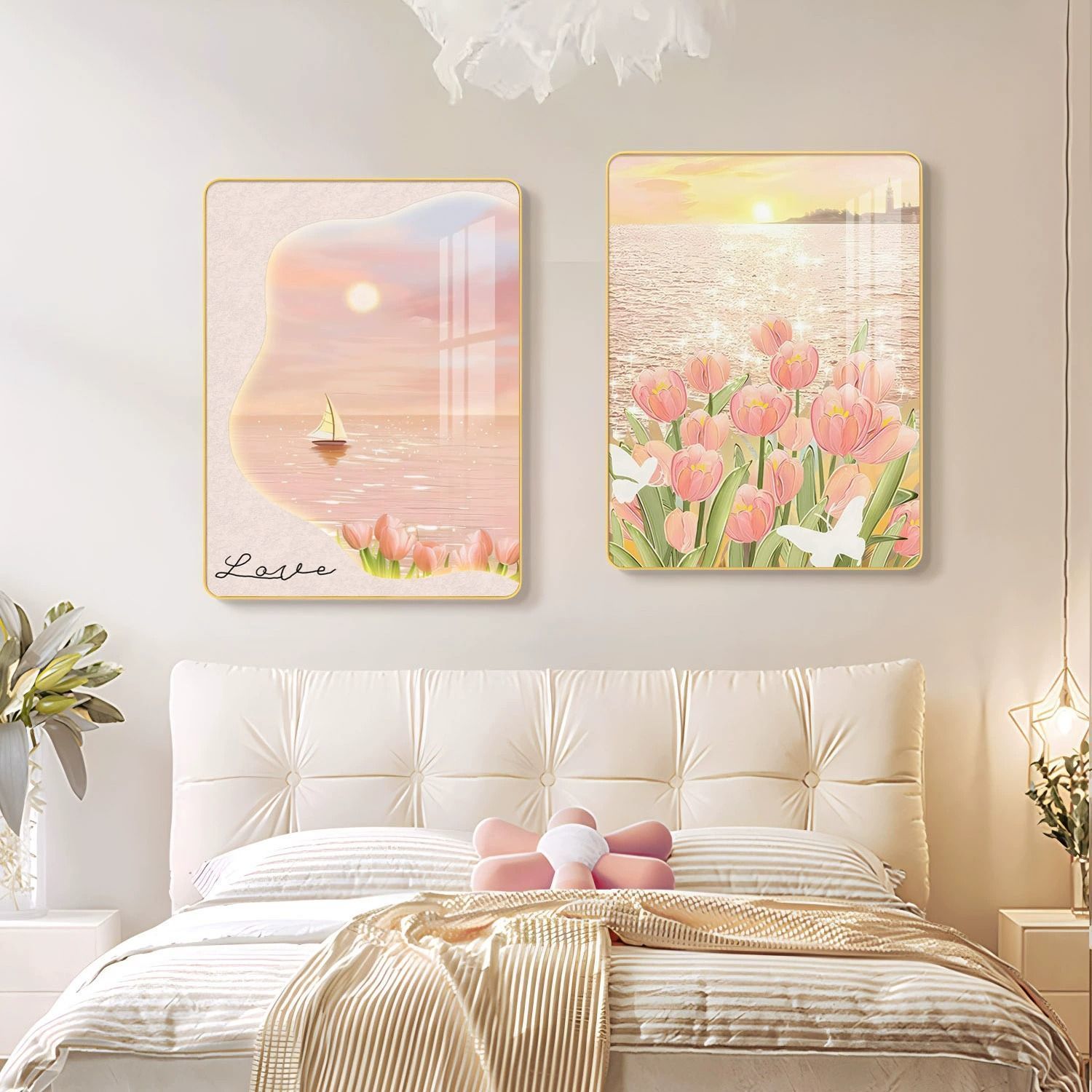 北欧小清新卧室床头装饰画奶油风花卉主卧背景墙挂画餐厅双联壁画