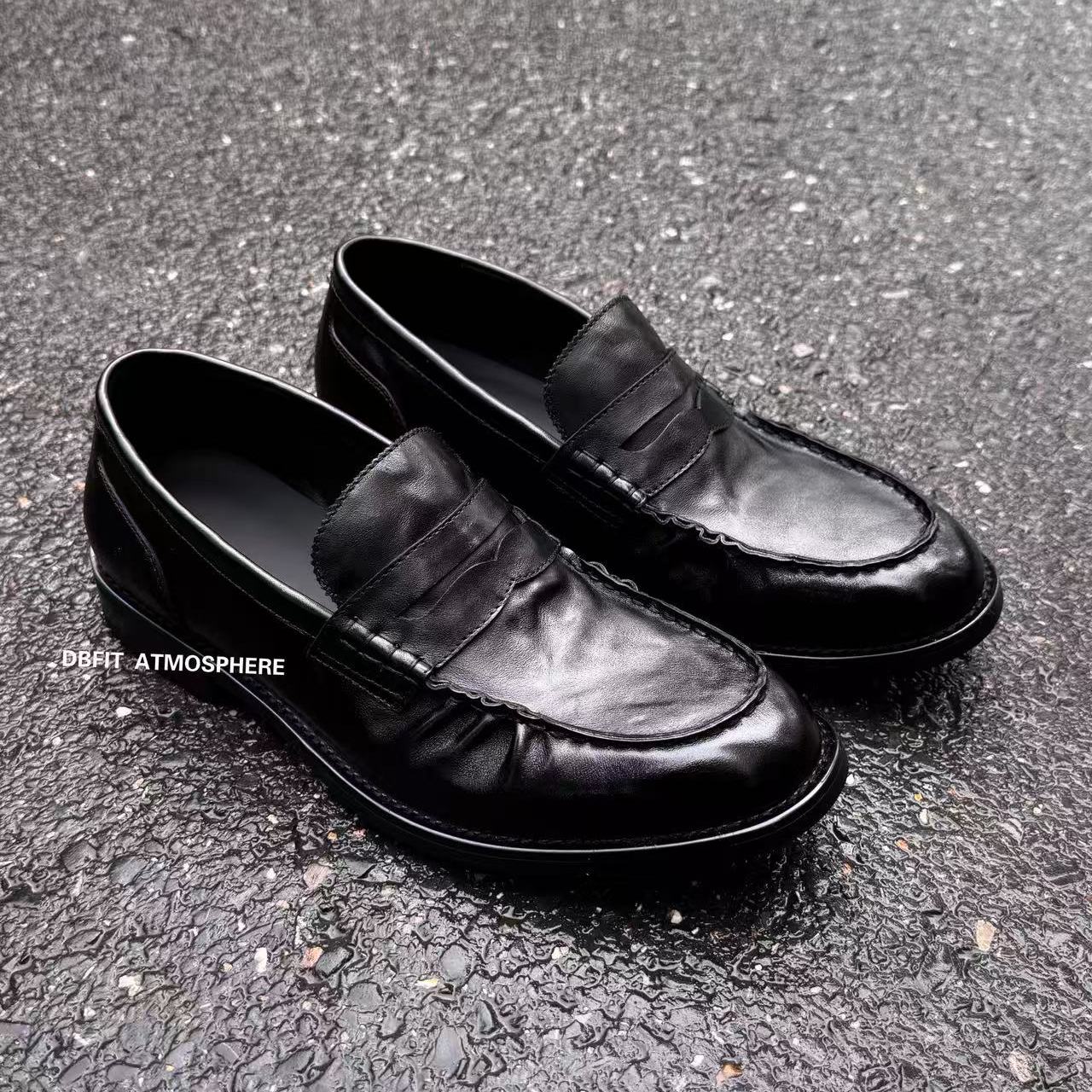 DBFIT自然微褶花边雅痞四季乐福鞋哑光头层牛皮一脚蹬男士德比鞋