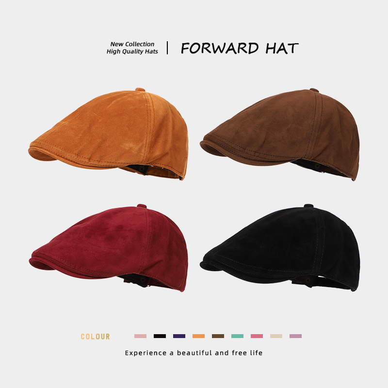 日系复古麂皮绒前进帽子女英伦文艺百搭显脸小反戴鸭舌贝雷八角帽