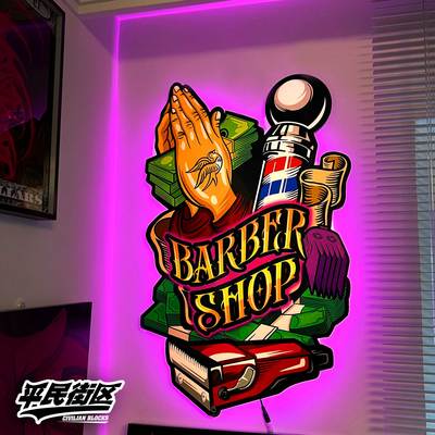 定制西海岸barbershop祈祷之手说唱理发店铺装饰开业礼品客厅发光