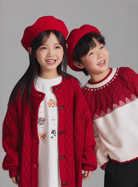 毛衣开衫2026秋冬新年衣服童装儿童红色针织女童外套加厚中国风