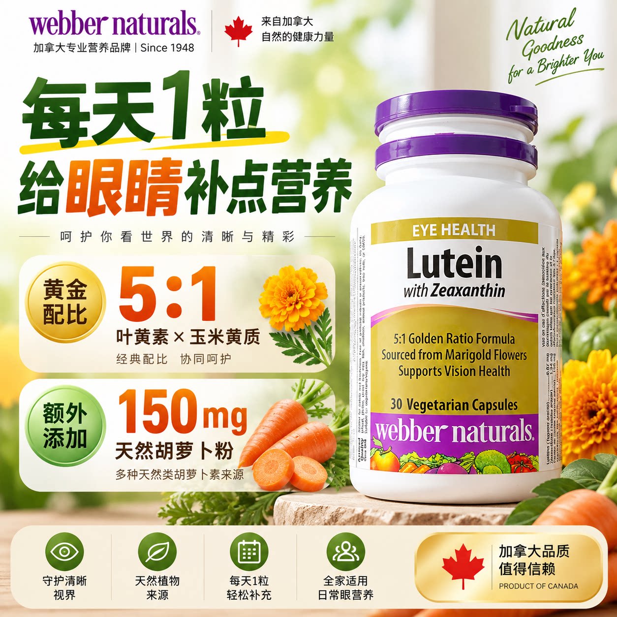加拿大伟博金瓶叶黄素玉米黄质成人眼涩眼疲劳护眼胶囊30粒27.7保