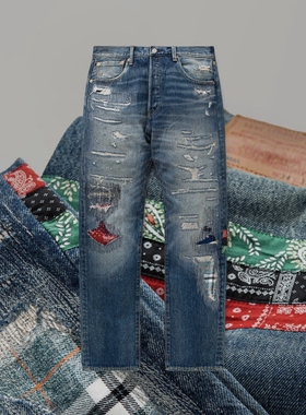 致敬初代20th第八代长寿牛王501破坏水洗补丁复古丹宁直筒牛仔裤