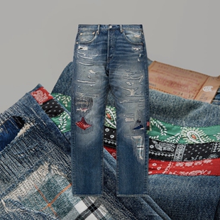 致敬初代20th第八代长寿牛王501破坏水洗补丁复古丹宁直筒牛仔裤