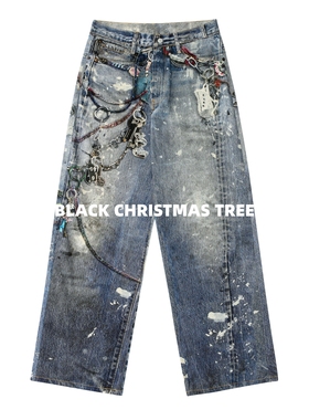 黑色圣诞树AC 3D数码印花链条1981M水洗做旧潮流复古宽松牛仔裤