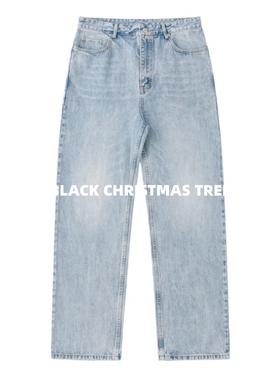 黑色圣诞树25SS 冰蓝渲染落色水洗破坏复古直筒宽松竹节纹牛仔裤