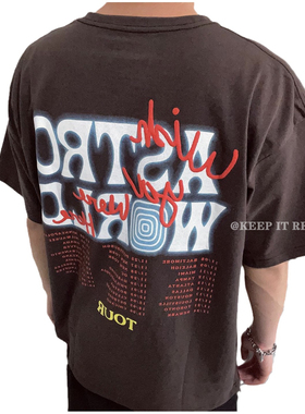 TRAVIS SCOTT Cactus Jack巡演同款闪电光晕印花水洗棕色短袖T恤