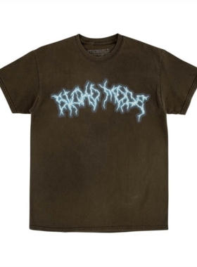 TRAVIS SCOTT Cactus Jack巡演同款闪电光晕印花水洗棕色短袖T恤