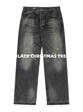 黑色圣诞树CE牛王24SS水洗刀割破坏做旧Wesley复古潮流直筒牛仔裤