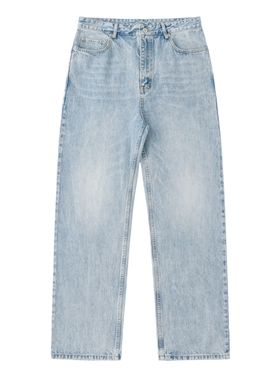 黑色圣诞树25SS 冰蓝渲染落色水洗破坏复古直筒宽松竹节纹牛仔裤