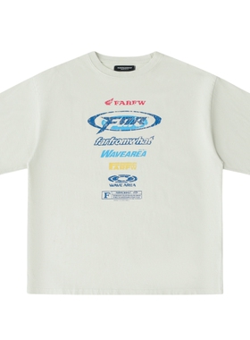 FAR ARCHIVE 24SS赛车弹幕徽标复古水洗廓形宽松青白色T恤短袖
