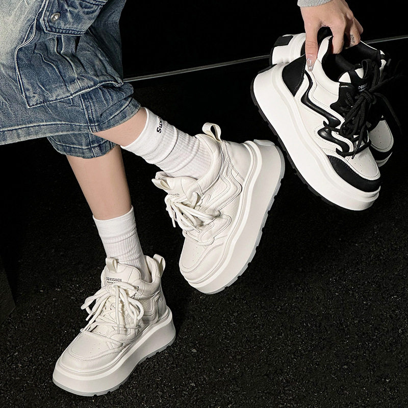 真皮厚底高帮鞋女款2025新款秋冬季加绒百搭爆款小白鞋运动休闲鞋