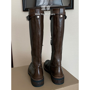 全牛皮辣妹帅气真皮高筒骑士靴女粗跟显瘦超软不过膝长筒机车女靴