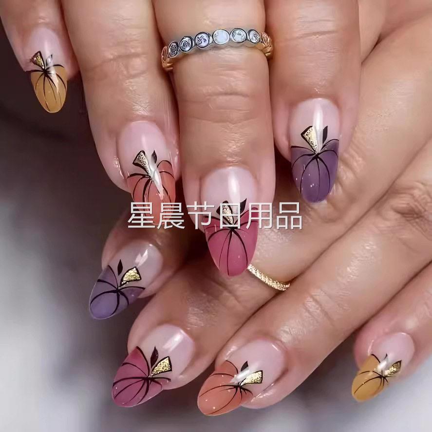 感恩节穿戴甲短款亮面美甲万圣节南瓜指甲套装假指甲24片