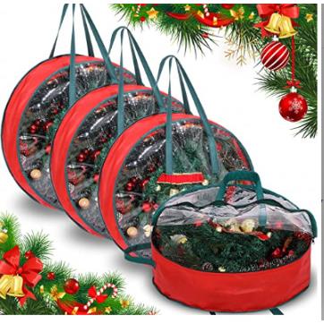 现货圣诞环子收纳袋红黑格pe+p花vc明圣诞树透装IPT饰品收纳挂袋