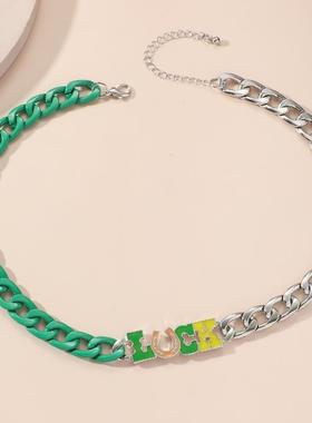新款啤酒节潮流嘻哈小众设计绿色LUCK幸运锁骨项链女款饰品
