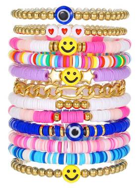 情人节手链波西米亚字母串珠笑脸软陶手串多层叠带手饰女