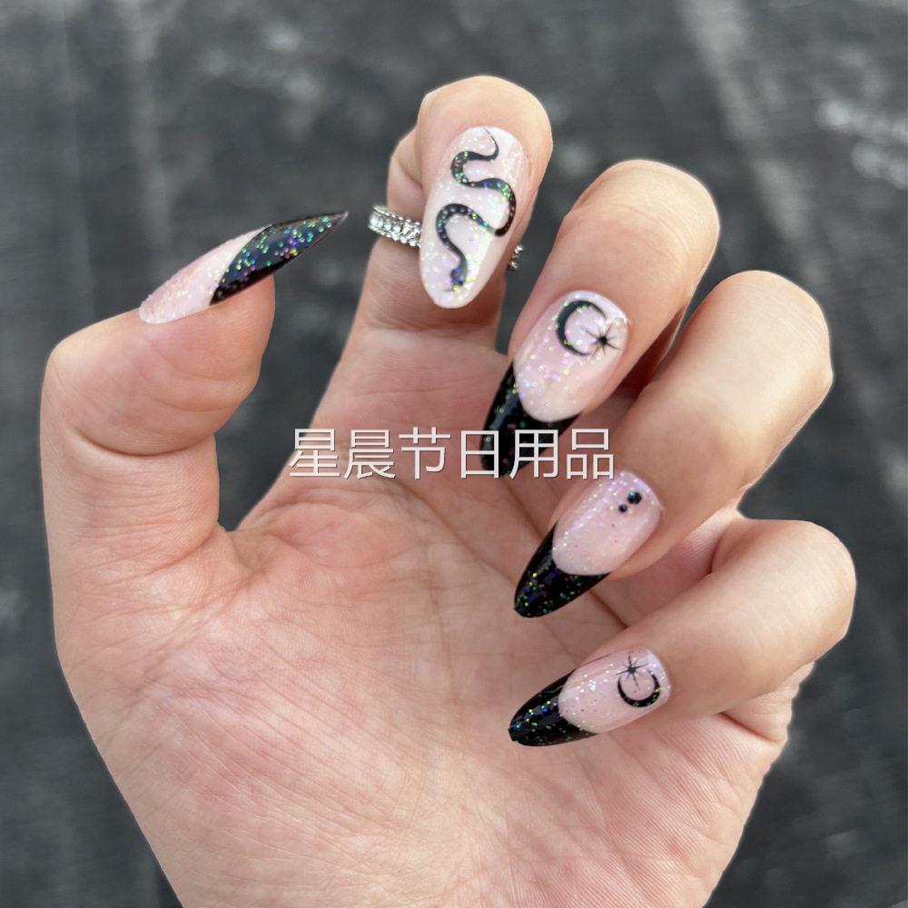节日星星月亮美甲套装闪粉穿戴甲亮片假指甲24片装甲片
