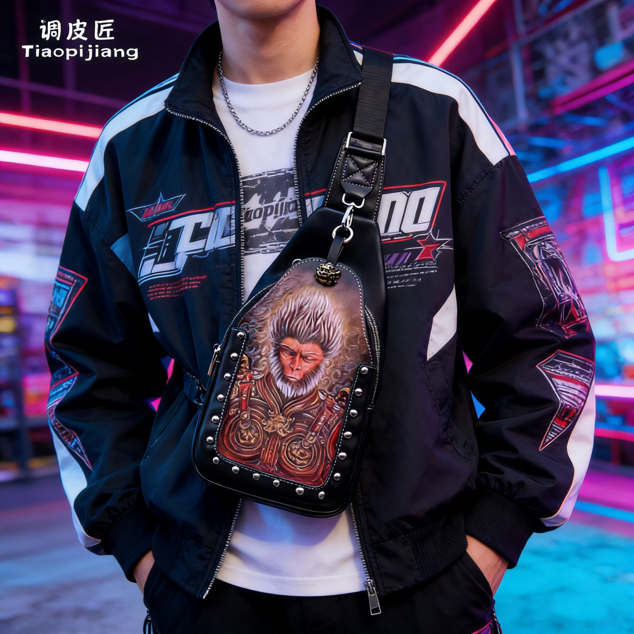 调皮匠胸包男真皮斜挎包头层牛皮大容量单肩包原创手工个性皮雕包
