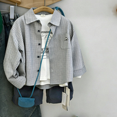 衬衣百搭 长袖 魔西童装 春夏男童宽松小眼睛刺绣黑白小格子薄棉衬衫