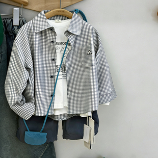 魔西童装春夏男童宽松小眼睛刺绣黑白小格子薄棉衬衫长袖衬衣百搭