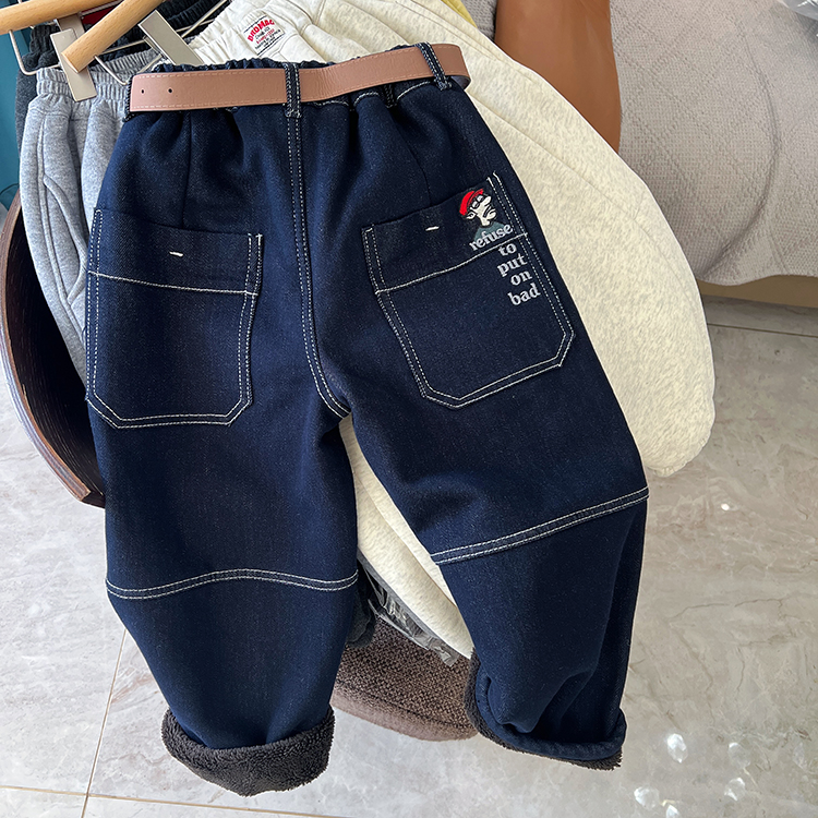 儿童中大童羊驼绒加厚牛仔裤