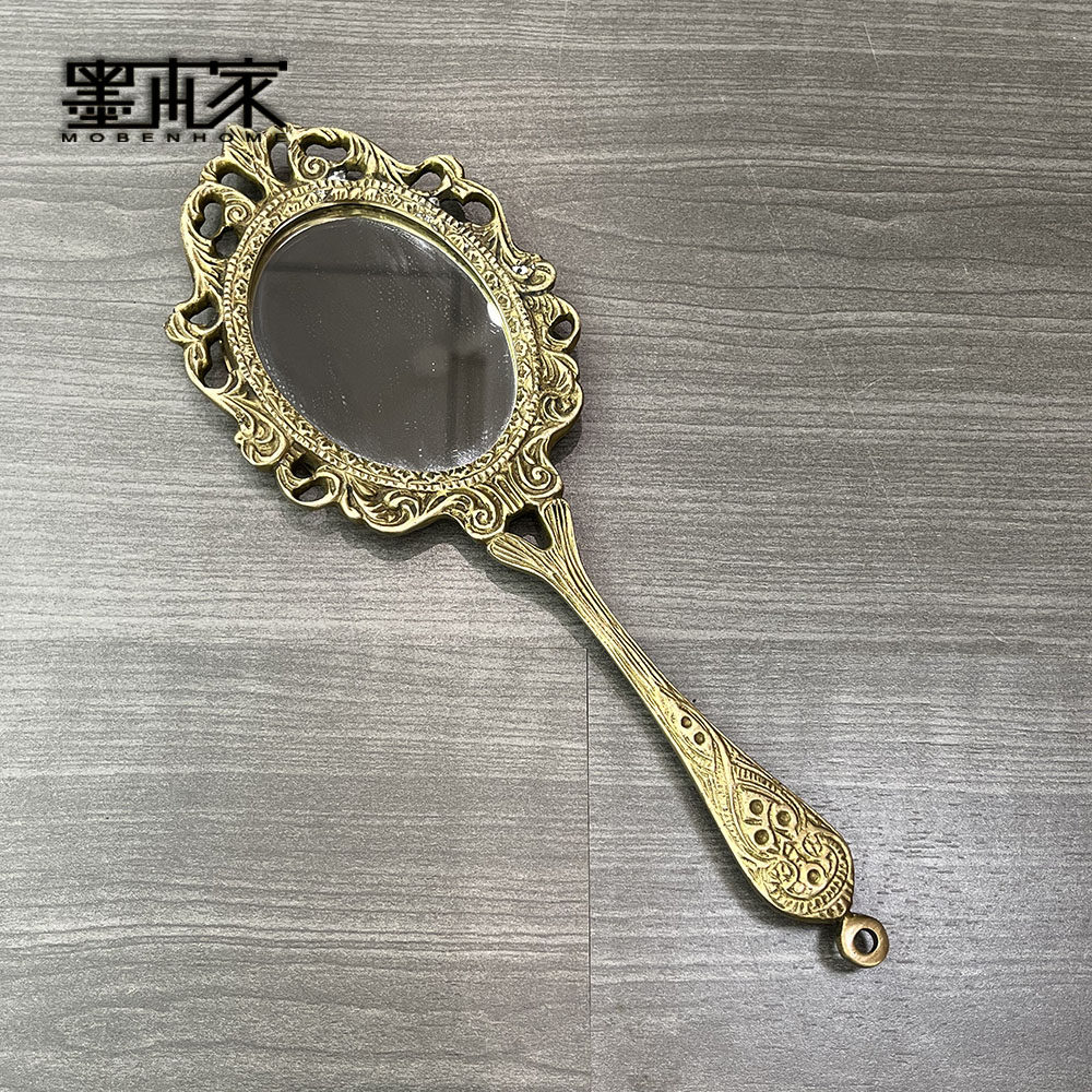 法式黄铜雕花手持化妆镜高颜值印度进口复古欧式小镜子古典宫廷风