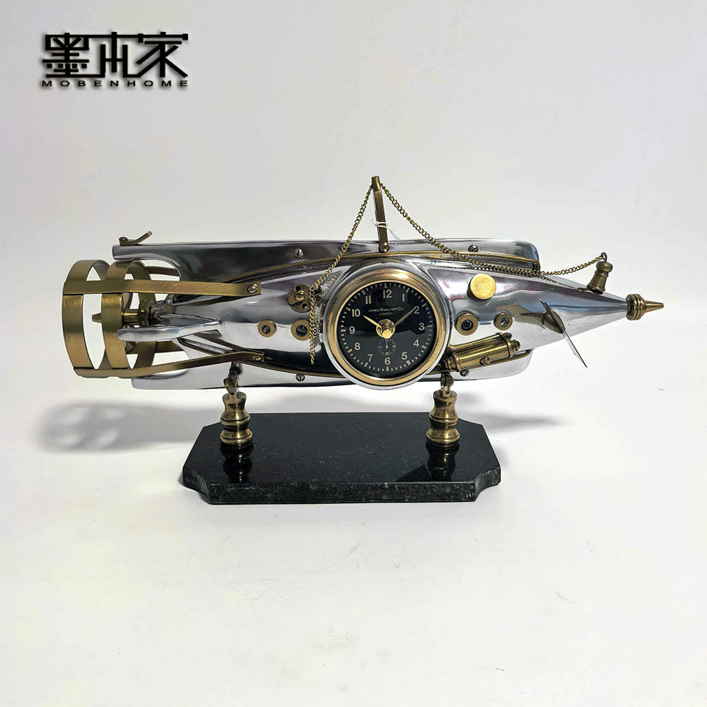 欧式进口创意复古潜水艇时钟金属装饰摆件创意家居工艺品银色钟表