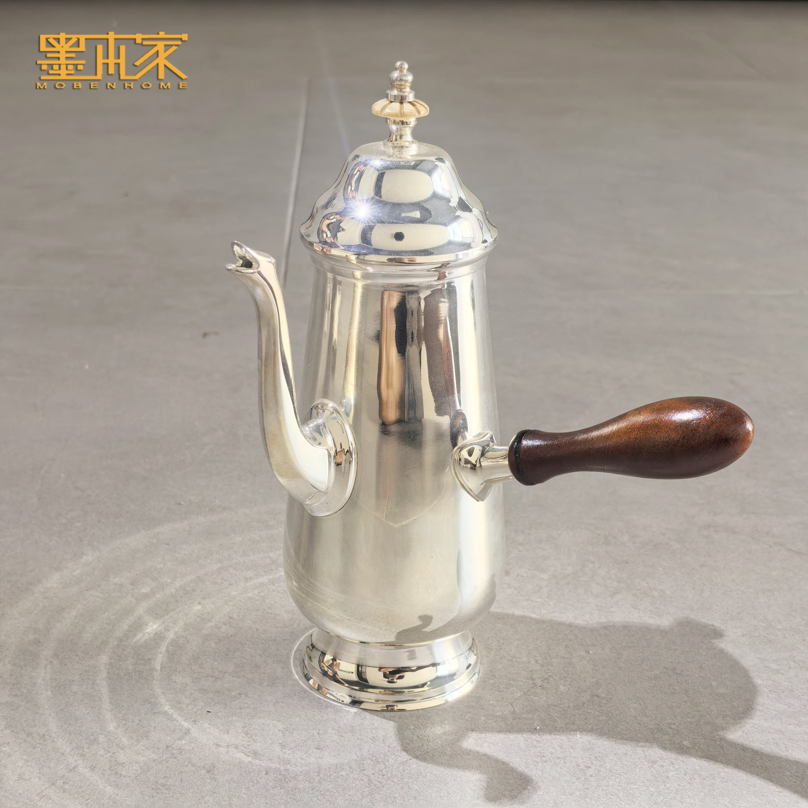 进口法式西洋复古镀银银色咖啡壶侧木柄茶壶高档样板房软装摆件