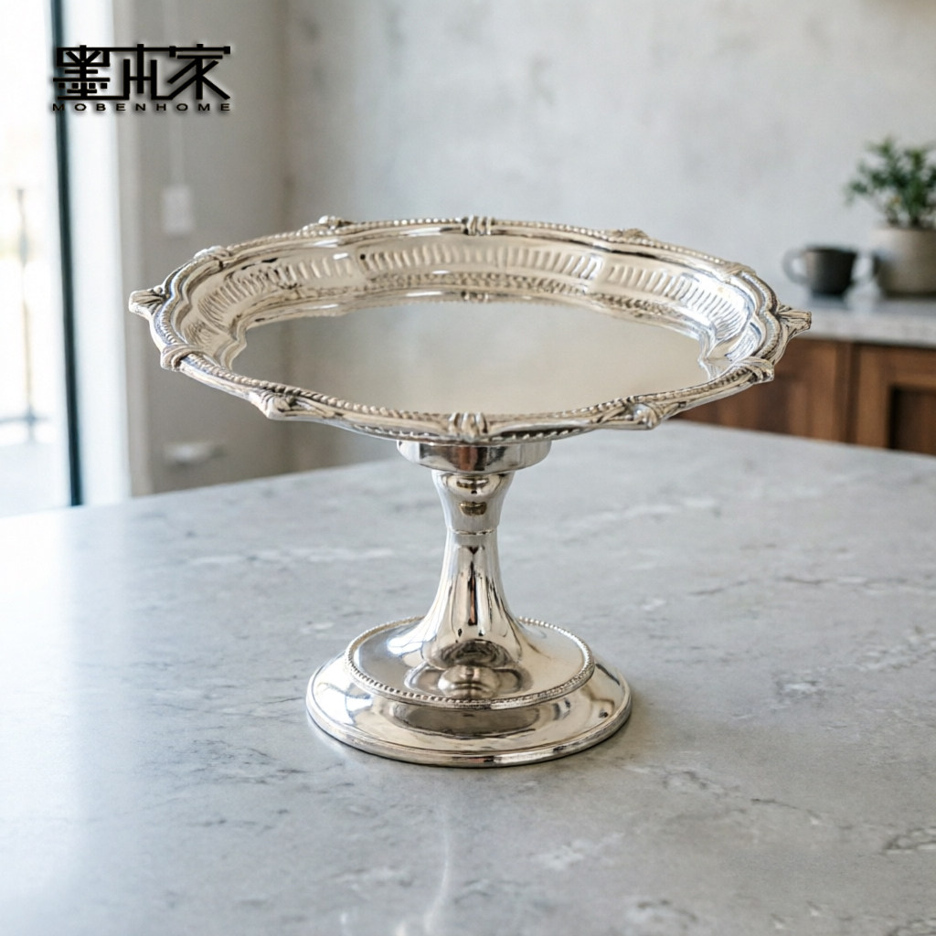 印度进口银色高脚果盘黄铜镀银精美雕花装饰摆件高档水果盘点心盘