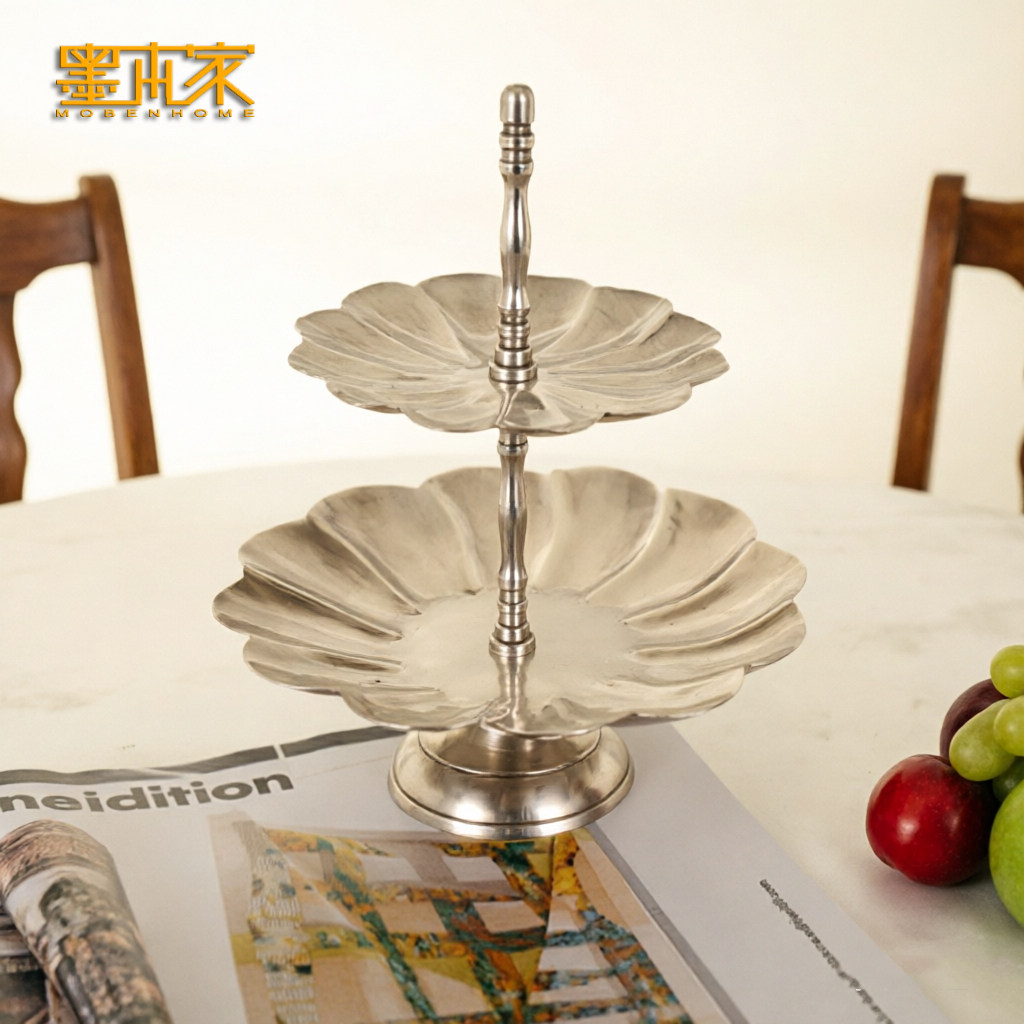 印度进口复古黄铜镀银双层果盘蛋糕盘下午茶点心盘茶几装饰摆件