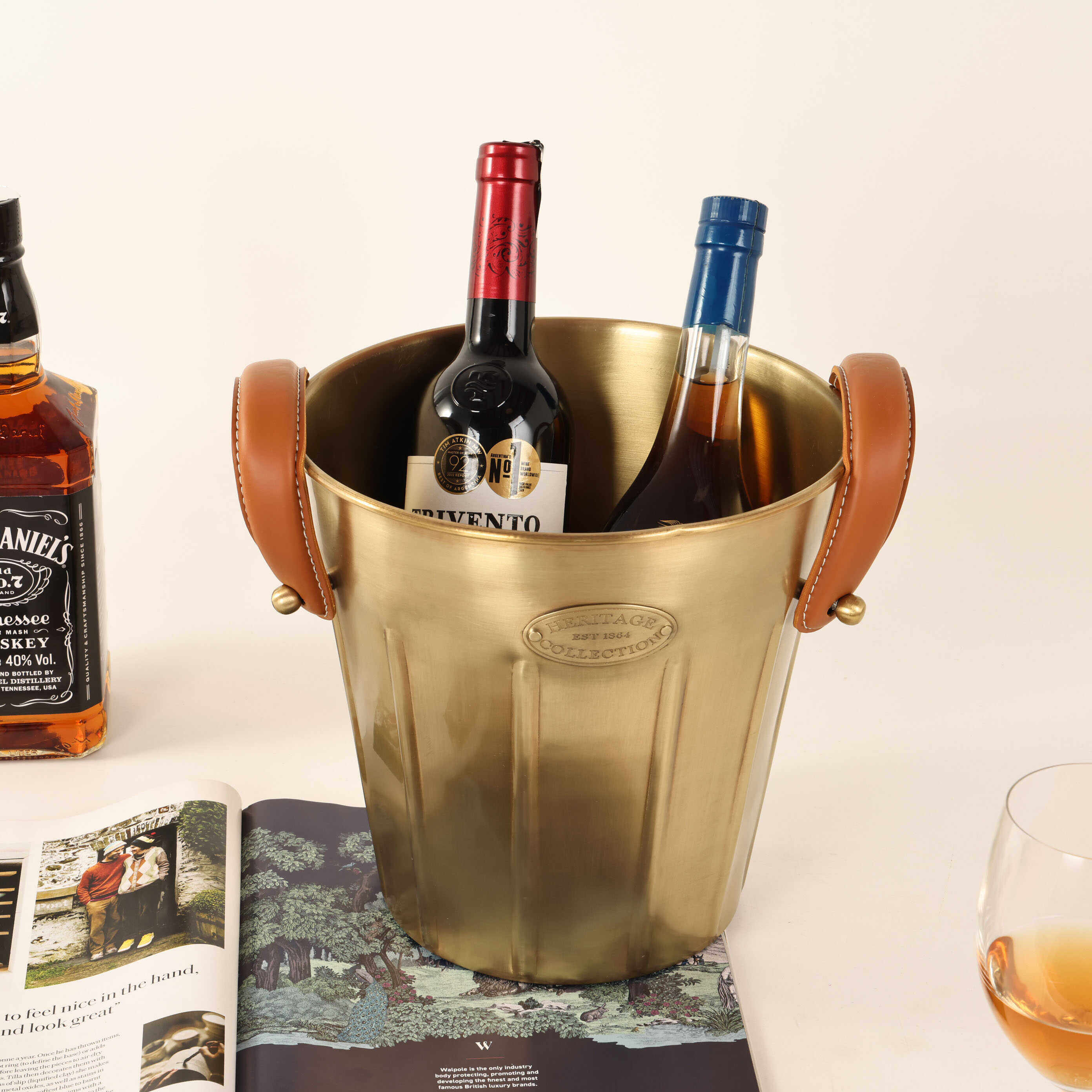 欧式黄铜冰块桶红酒冰桶现代轻奢高档真皮提手香槟桶酒吧桌面摆件