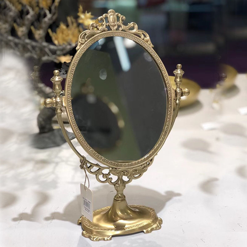 法式纯铜桌面复古欧式梳妆镜立式结婚镜子台式家用小型装饰摆设