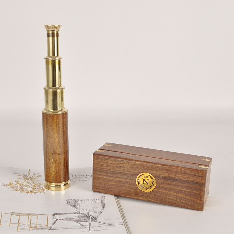 欧式进口纯铜加勒比海盗单筒伸缩航海望远镜带芒果木盒软装道具