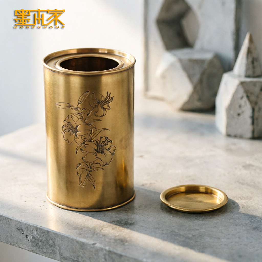 进口纯铜储物罐黄铜茶叶罐手工雕刻百合图案复古家用收纳罐带盖