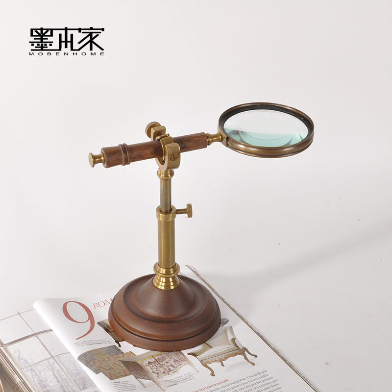 欧式美式复古怀旧黄铜实木放大镜带支架台式可调节书房样板间摆设