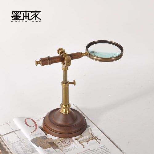欧式美式复古怀旧黄铜实木放大镜带支架台式可调节书房样板间摆设