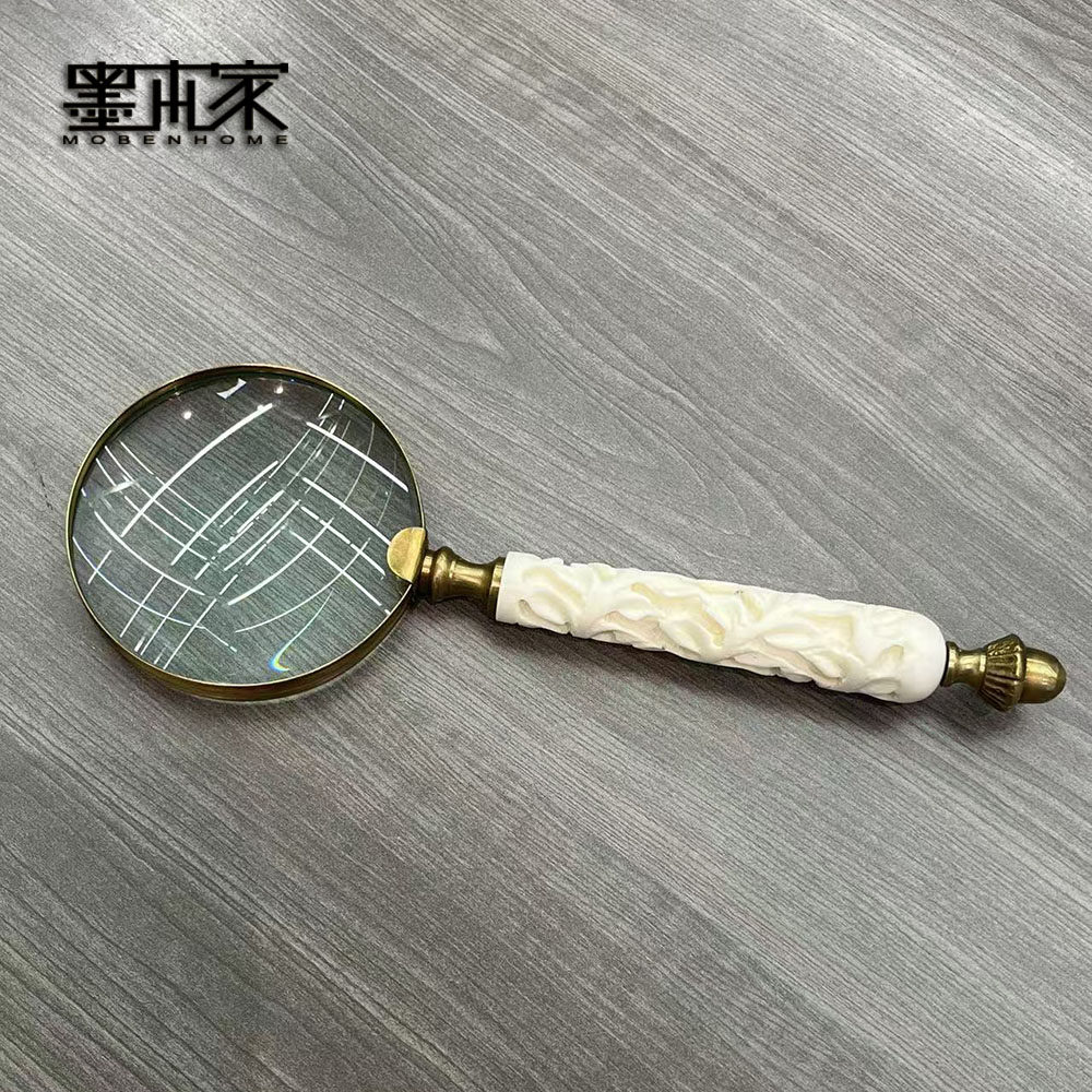 印度进口复古黄铜放大镜工艺品白色牛骨把手 书房样板间软装摆设